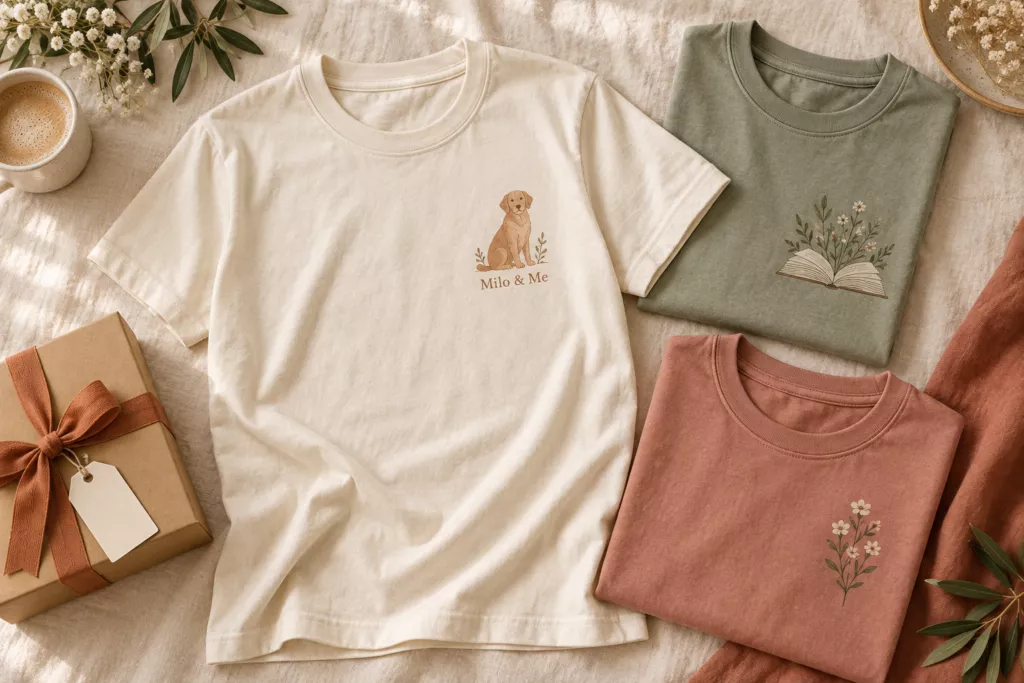 Cream Milo & Me dog-print T-shirt beside sage book-themed and dusty rose floral tees with a ribbon-wrapped gift box.