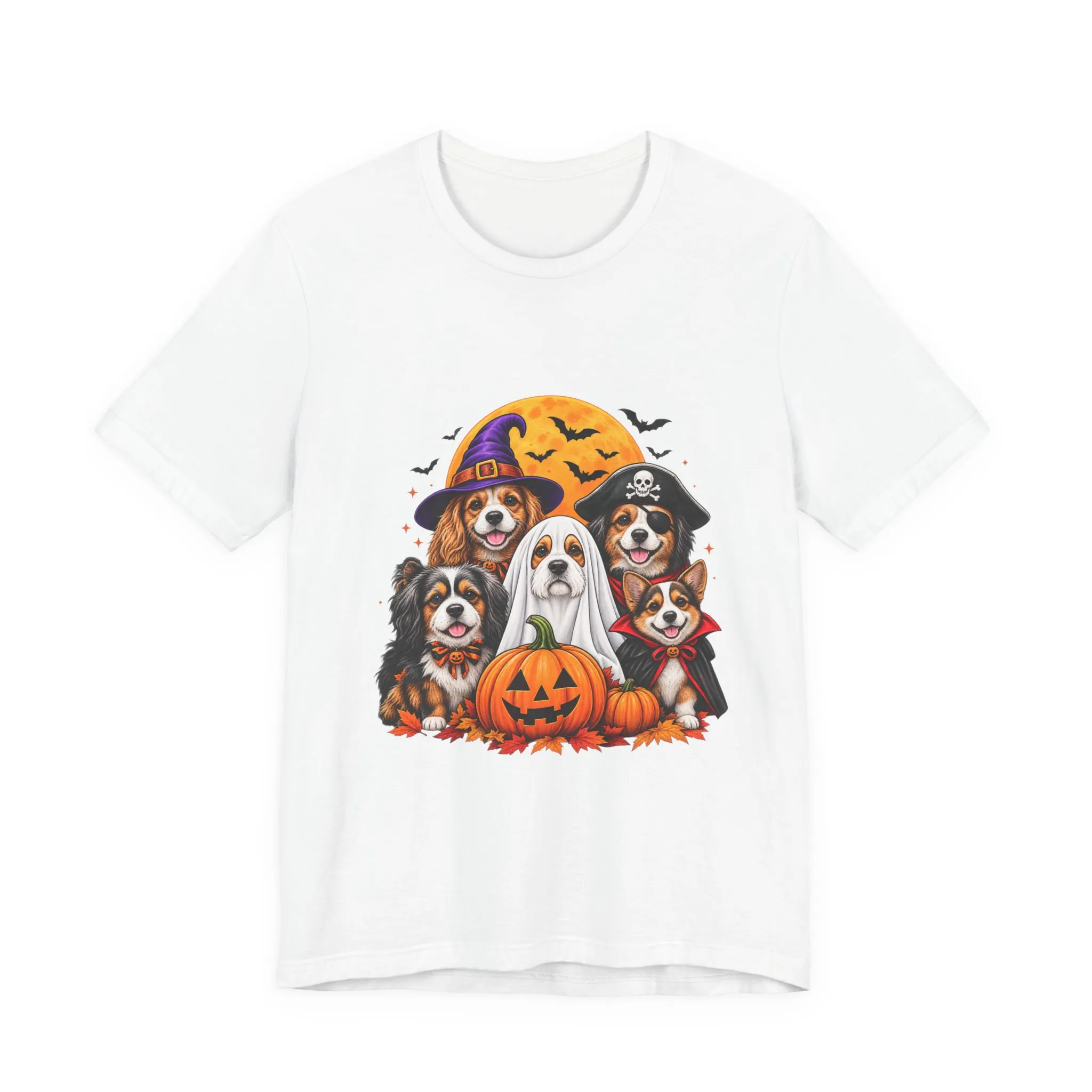 Halloween Dogs T-Shirt — Cute Puppies in Costumes with Pumpkin Graphic