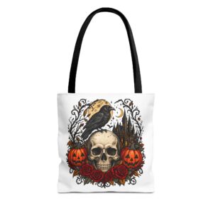 Gothic Halloween Skull Tote Bag — Raven, Pumpkins & Rose Bouquet AOP