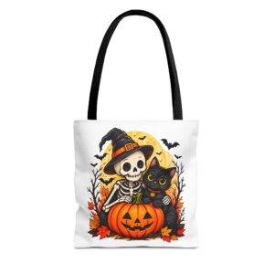 Halloween Skeleton & Black Cat Pumpkin Tote Bag — Cute Spooky Fall Trick-or-Treat Tote