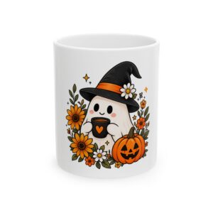 Cute Halloween Ghost Witch Ceramic Mug with Pumpkin and Sunflowers