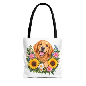 Golden Retriever Floral Tote Bag — Sunflower Dog Canvas Tote