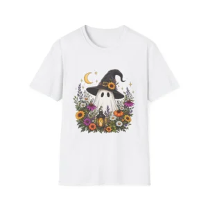 Cute Witch Ghost T-Shirt — Floral Halloween Pumpkin Lantern Design