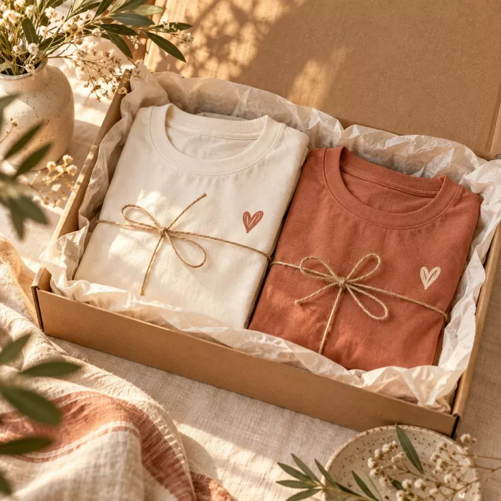 Ivory and terracotta heart-print T-shirts in a gift box
