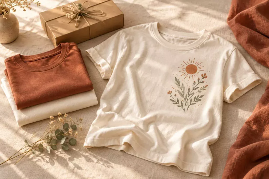 Cream botanical T-shirt with folded terracotta tees on a linen tabletop