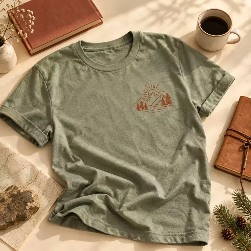 Sage mountain-print T-shirt with a book and coffee