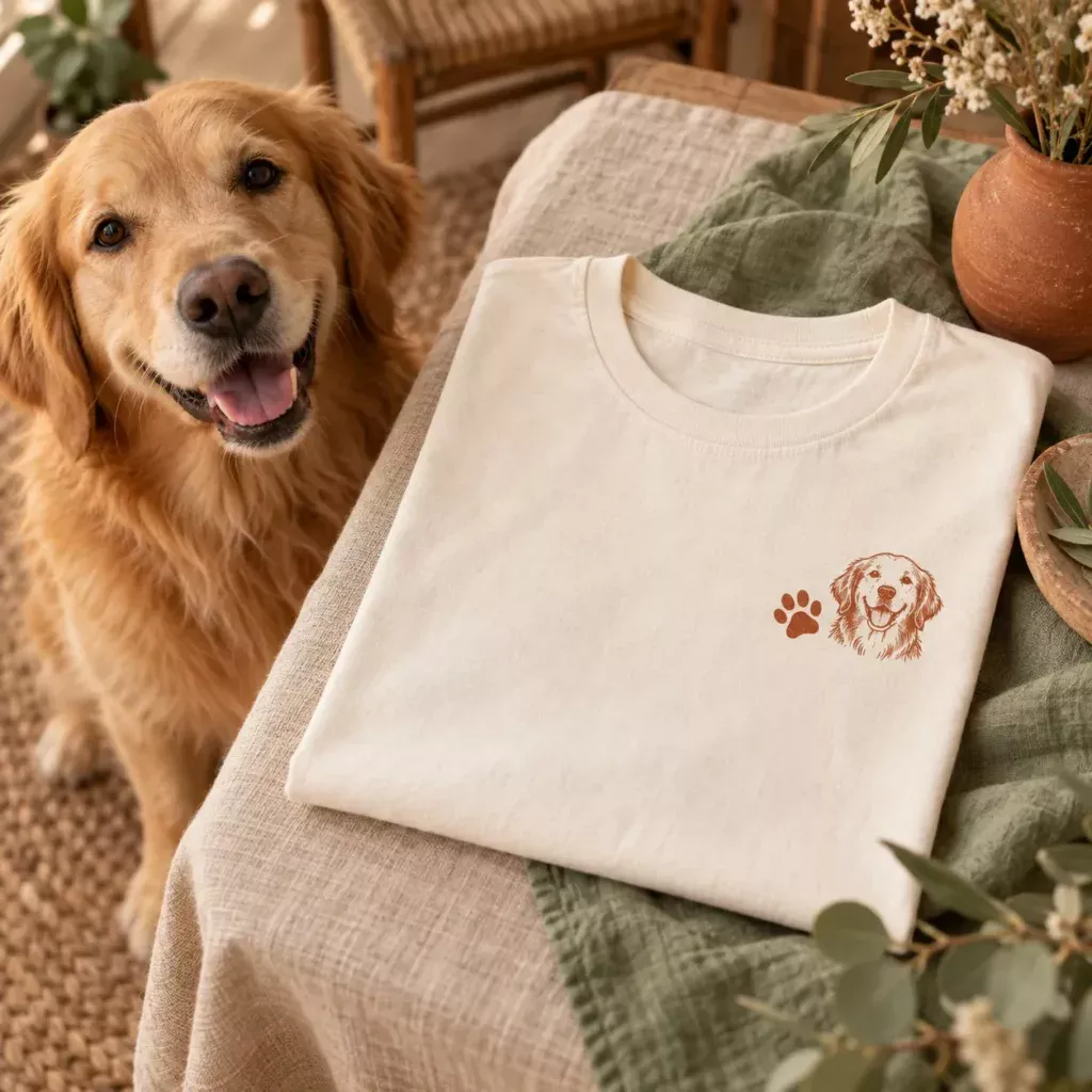 Golden retriever beside an ivory dog-inspired T-shirt